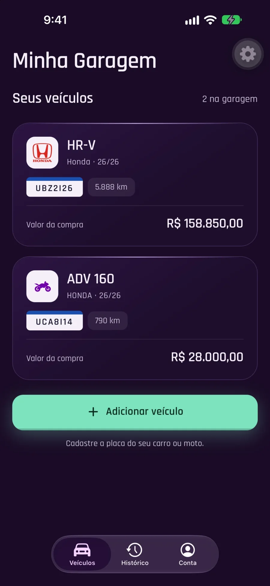Garagem no app Minha Garagem: um HR-V e uma ADV 160 com placa, quilometragem e valor de compra.