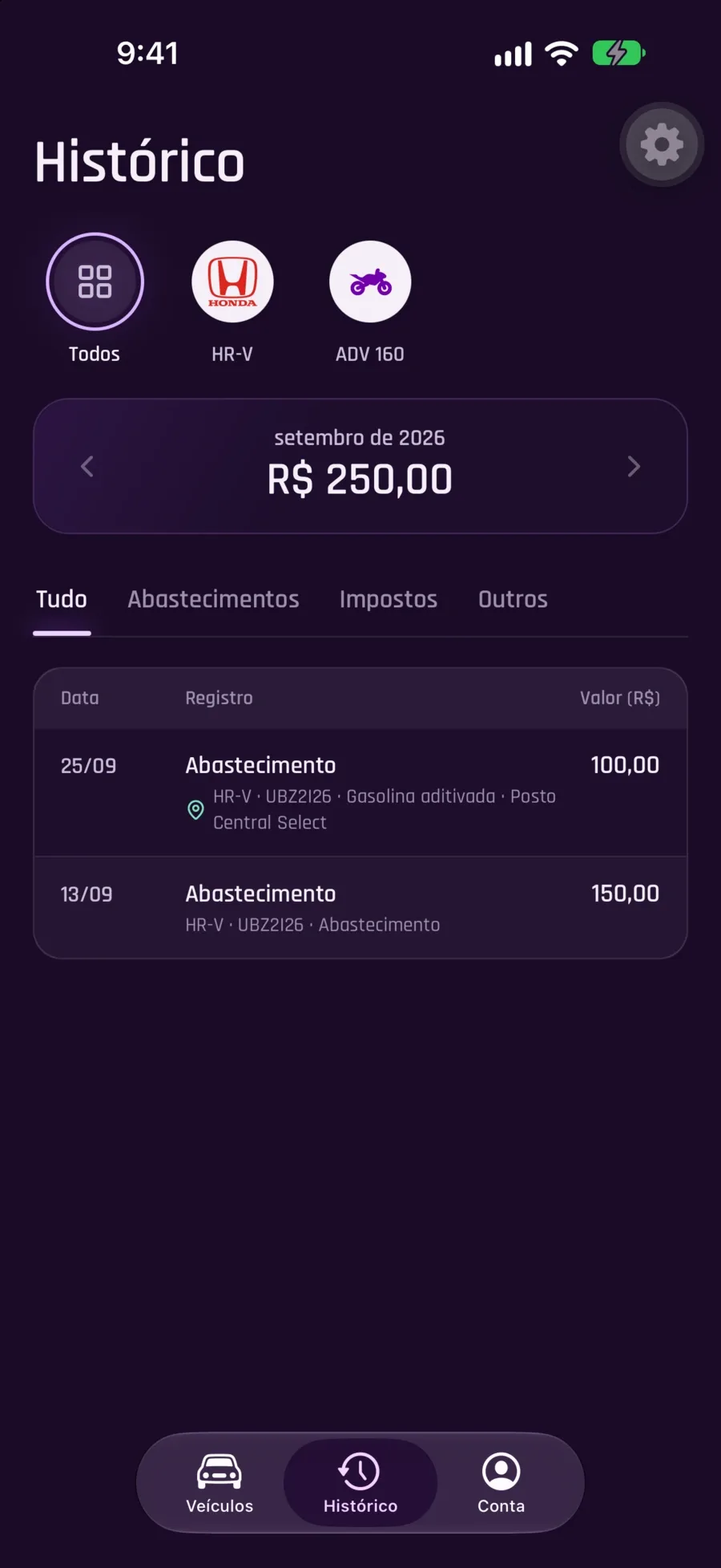 Histórico no app: gastos de setembro por veículo, com filtro por tipo.